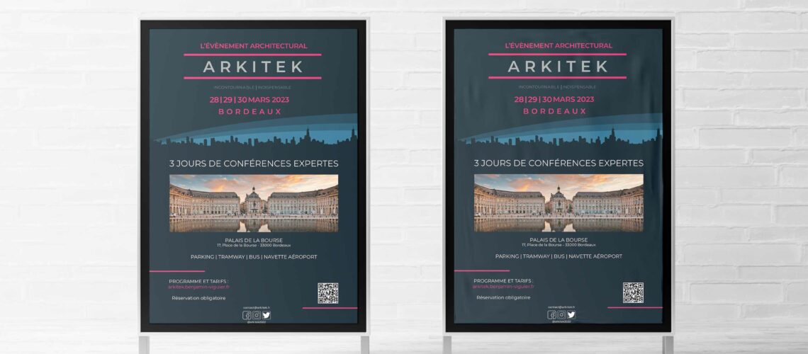 Mise en situation d'affiches pour la communication de l'évènement Arkitek