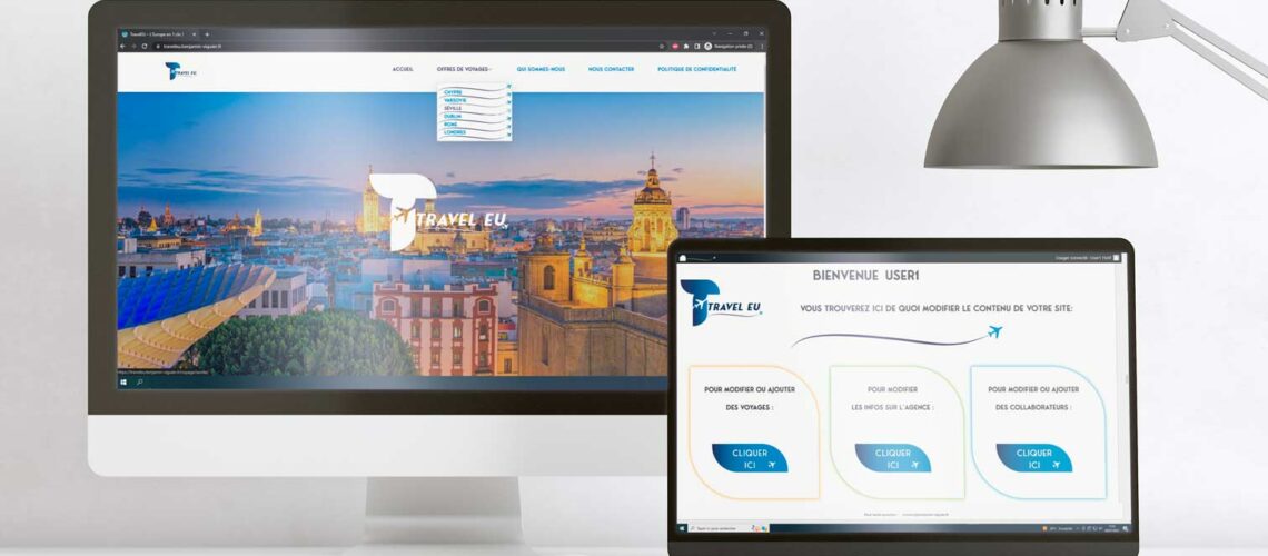 Présentation du site web de l'agence Travel EU: apparence du front office, et du back office client
