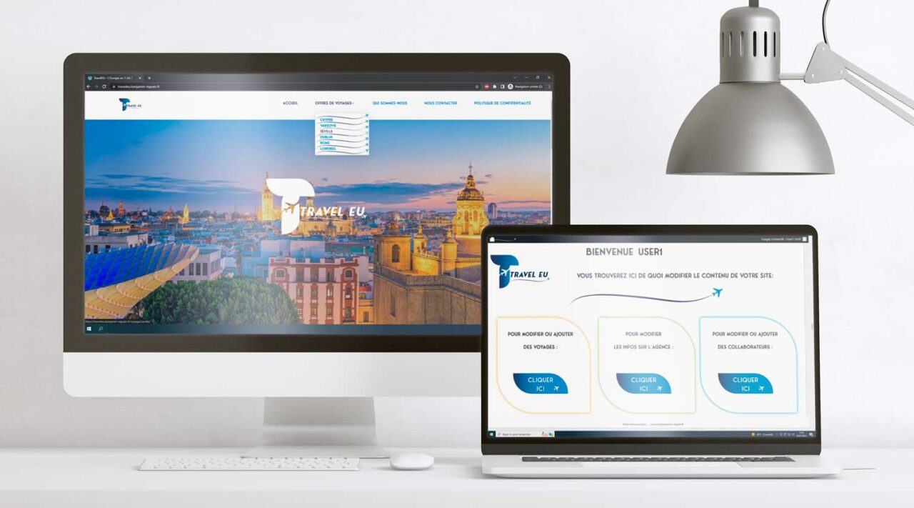 Présentation du site web de l'agence Travel EU: apparence du front office, et du back office client